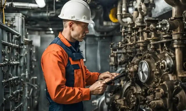 Marine engineer bekerja di ruang mesin kapal