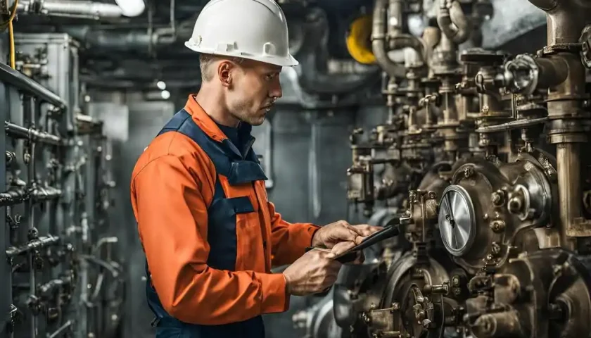 Marine engineer bekerja di ruang mesin kapall